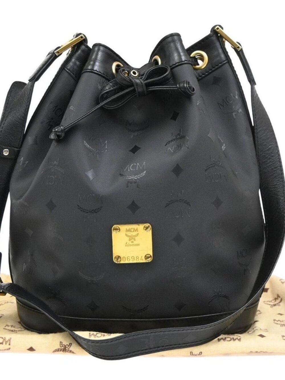 MCM Logo Visetos Pattern Drawstring Shoulder Bag PVC Leather Black GHW 64EG415